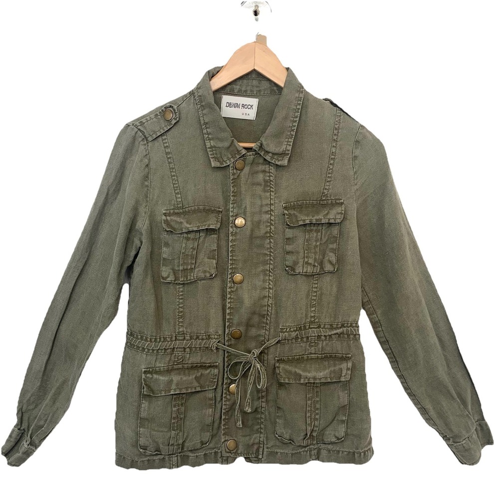 Military Style Linen Jacket Woman Small Green Pockets Cinch Waist Long Sleeve